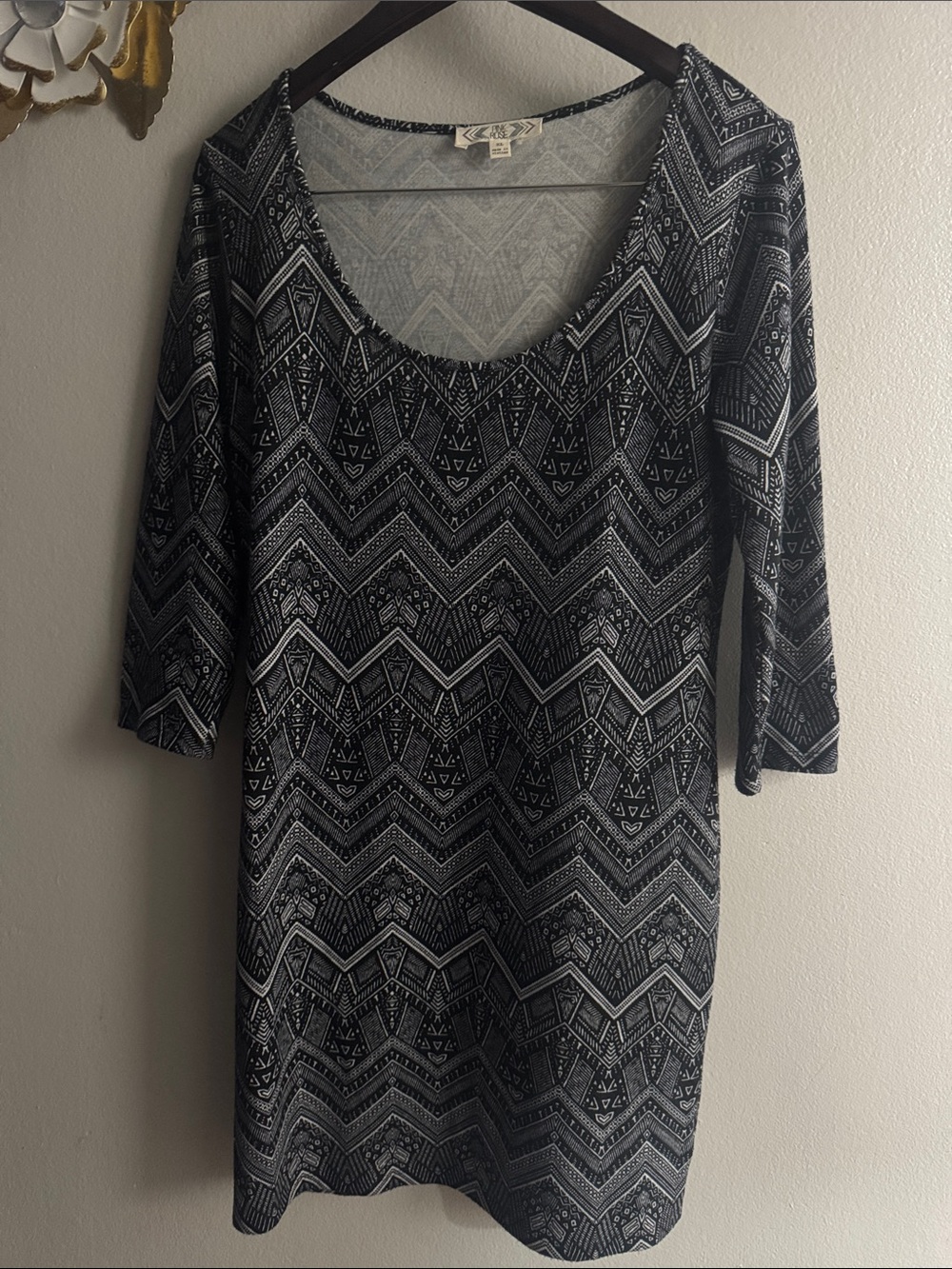 Pink Rose Black and White Aztec Scoop Neck Dress